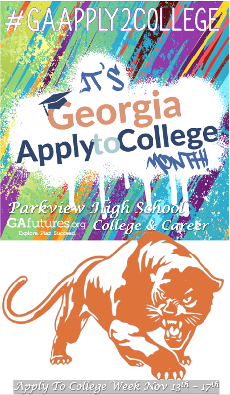 Seniors, Are you ready? 
November is Apply To College Month in Georgia. Save on college application fees. 
PHS Apply To College Week 11/13-17

Nov 8th (Students &amp; Staff)
Rep Your Fav College - Tshirt Day