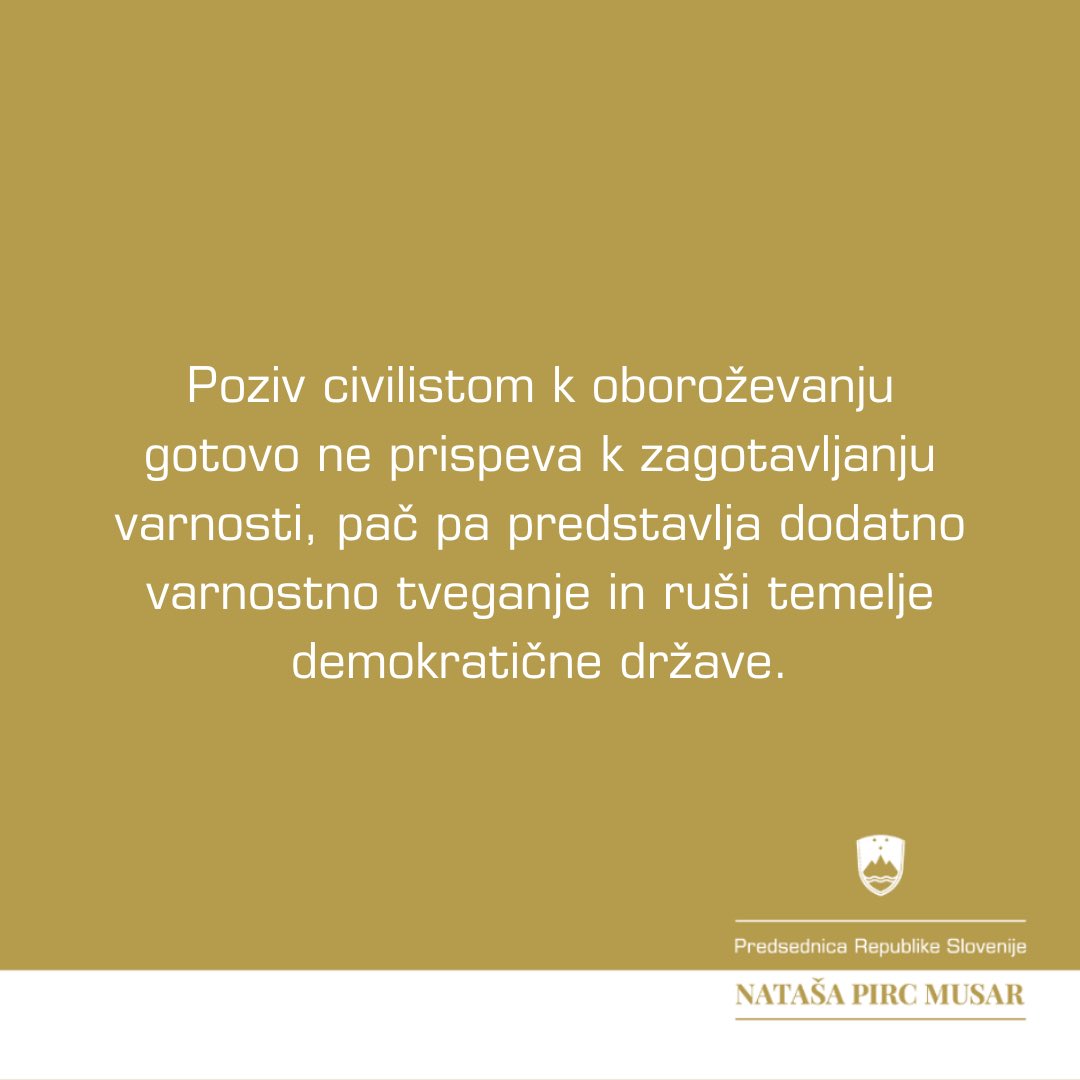 Ostro obsojam vsakršen poziv k nasilju in oboroževanju državljanov in s tem tudi nedavni zapis predsednika SDS Janeza Janše na družbenem omrežju X.

Tovrstne izjave je potrebno obravnavati z najvišjo stopnjo resnosti, saj povzročajo nepotrebno napetost v družbi in lahko
