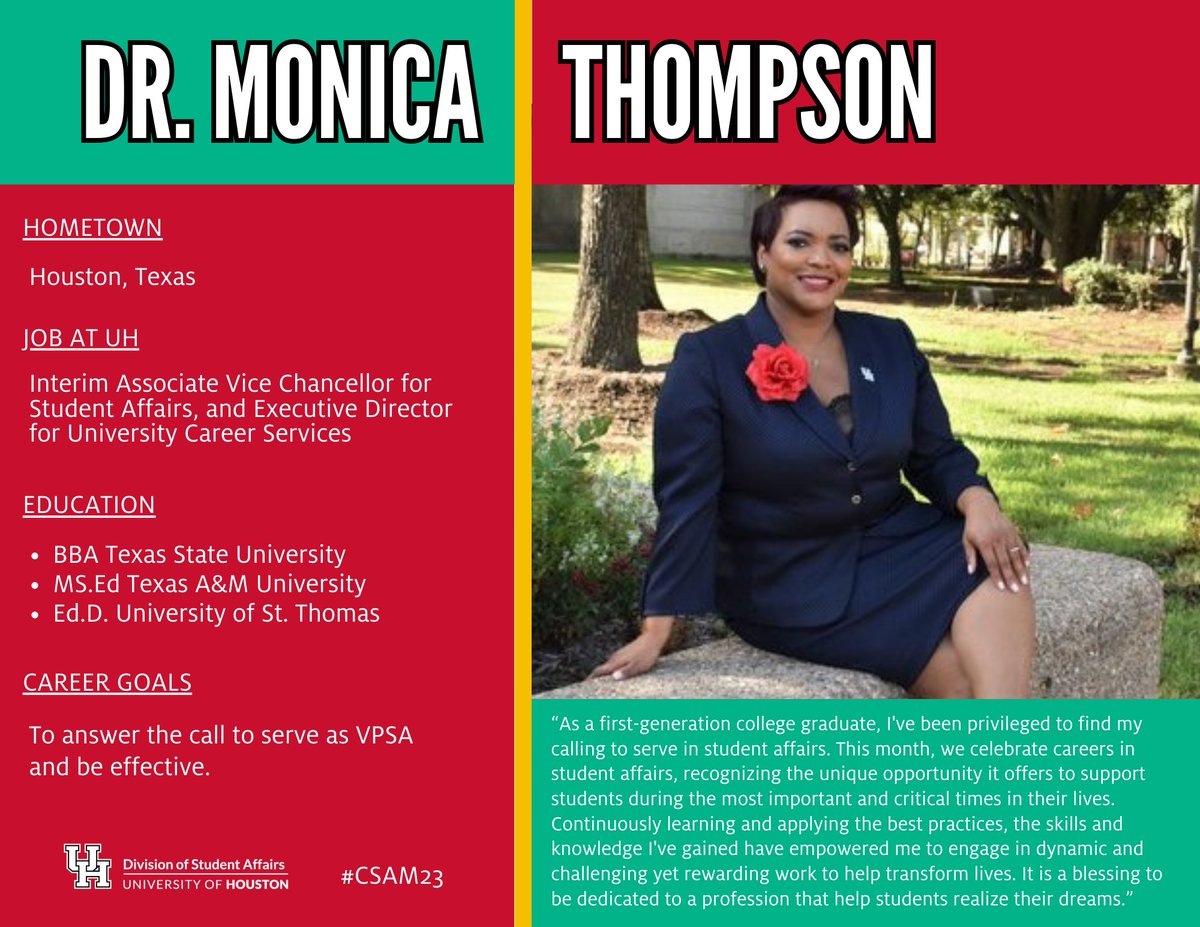 UH_DSA's tweet image. Continuing our celebration of this October&apos;s
Careers in Student Affairs Month, here&apos;s a little bit
about Interim Associate Vice Chancellor for Student
Affairs and Executive Director for University Career
Services, Dr. Monica Thompson! #CSAM23