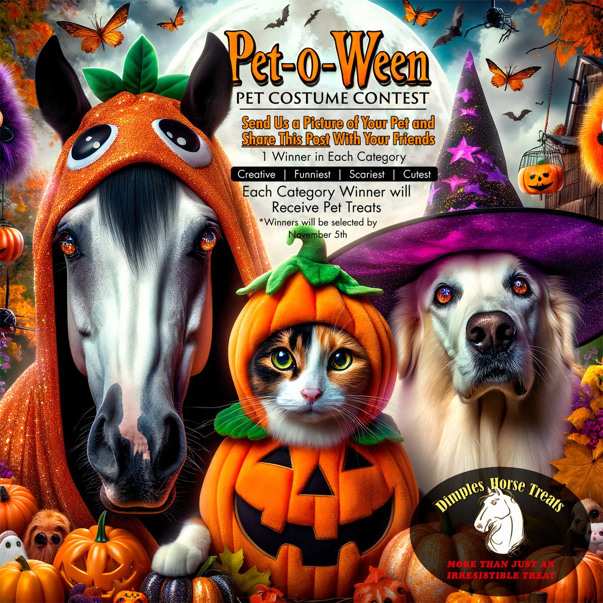 DimplesHTreats's tweet photo. Join Pet-o-ween with Dimples Horse Treats! 🎃 Dress up your pets and share their best Halloween look. Don't forget to retweet this with friends for a chance at treats in 4 categories! Mark the date: winners on Nov 5th. Dive in! #DimplesHorseTreats #Petoween #DimplesHorseTreats https://t.co/KpBvXZ1Dxc