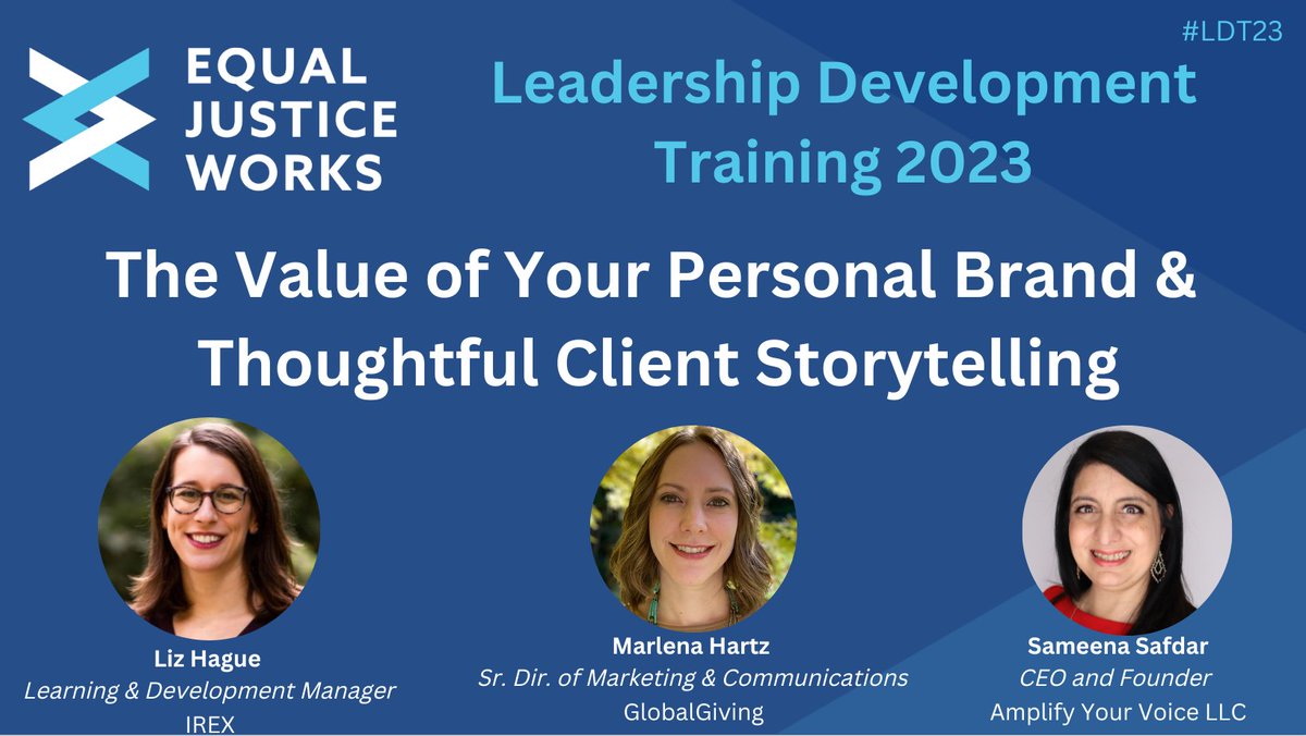 AmplifyingU's tweet photo. Excited to hear our CEO/founder @SameenaSafdar, @IREXintl's Liz Hague, &amp; @GlobalGiving's @MarlenaHartz discuss sharing your personal brand &amp; ethical #storytelling tomorrow at @EJW_org's Leadership Development Training for their 2023 fellows!

#LDT23 #appellatetwitter  #lawtwitter https://t.co/QnyNV512rJ