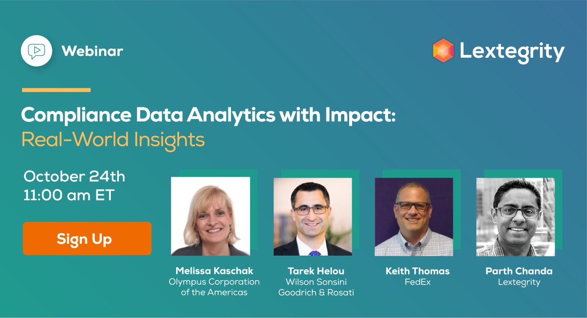 lextegrity's tweet photo. 📢 Join us tomorrow! Learn from compliance experts from Olympus Corporation, Wilson Sonsini Goodrich &amp; Rosati, FedEx, and Lextegrity on Tuesday, October 24th at 11:00 am ET. 
Register: https://t.co/euyrP3bP0E
#compliance #dataanalytics https://t.co/zwrnSJjDkq