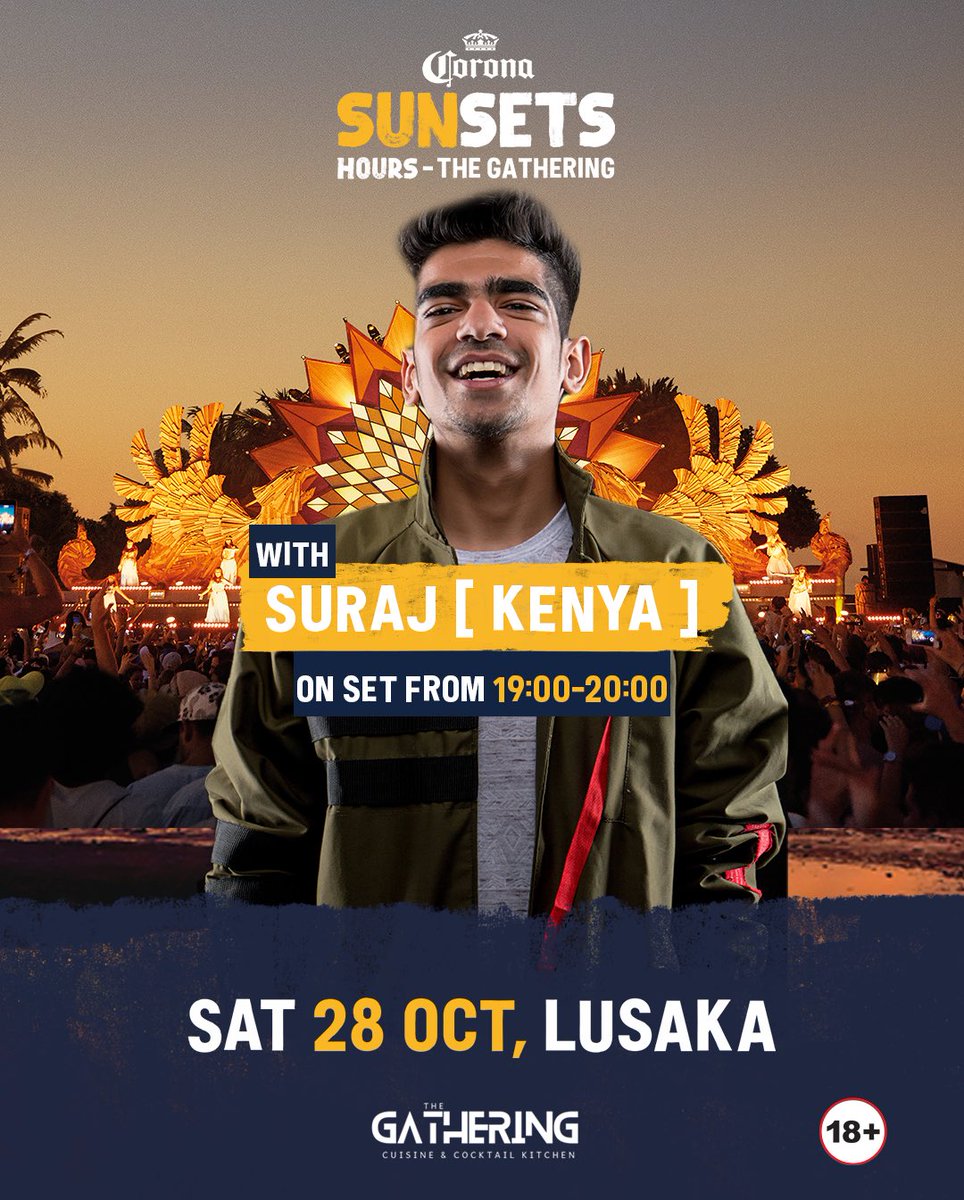 surajkenya's tweet photo. Back in Zambia 🇿🇲 this Saturday for Corona Sunsets Lusaka ☀️ Joining the homies @RealFkaMash @Dwsonofficial @KreativeNativez & gang! Let’s gooo 🔊
#CoronaSunsets #SunsetHours https://t.co/OiyxPnLp0H