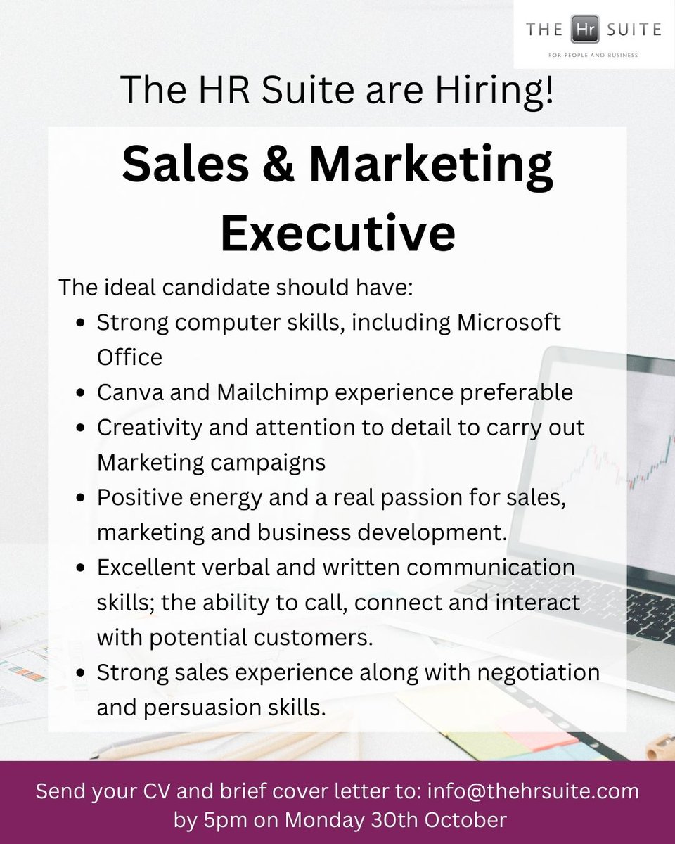 The HR Suite are hiring for a Sales &amp; Marketing Executive 📢

Please click on the following link to view the full job description - thehrsuite.com/sales-marketin…

This is a full time role and the successful candidate will be based in our Tralee office.