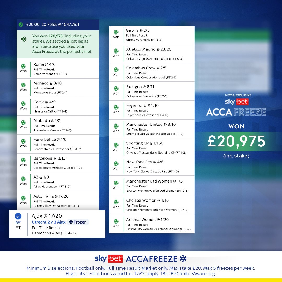 SkyBet's tweet photo. 😍 £𝟮𝟬 ➡️ £𝟮𝟬,𝟵𝟳𝟱 𝘁𝗵𝗮𝗻𝗸𝘀 𝘁𝗼 𝗮 𝗽𝗲𝗿𝗳𝗲𝗰𝘁 #𝗦𝗸𝘆𝗕𝗲𝘁𝗔𝗰𝗰𝗮𝗙𝗿𝗲𝗲𝘇𝗲 😍

This customer froze Ajax as they took a 3-2 lead in the 65th minute ❄️

Ajax then went on to lose 4-3 😲

The other 𝟭𝟵 𝘀𝗲𝗹𝗲𝗰𝘁𝗶𝗼𝗻𝘀 won, landing a huge £20k 🤑 https://t.co/YoqOo2ozMt