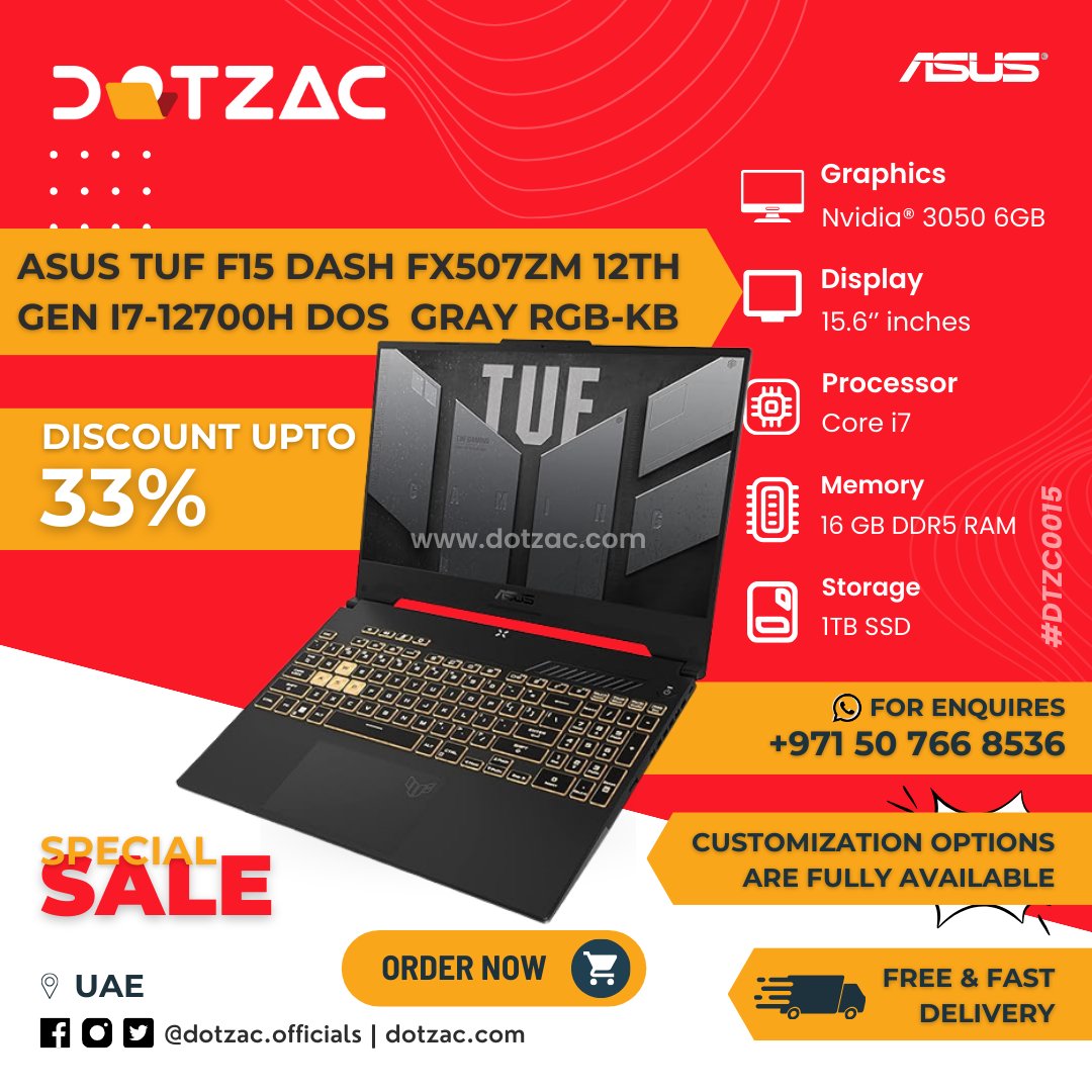 dotzac_official's tweet photo. Unleash Your Gaming Power with Asus TUF F15 DASH FX507ZM! 🎮

⚙️ 12th Gen Core i7-12700H  
💾 16GB RAM &amp; 1TB SSD Storage
🖥 15.6" FHD Display with 144Hz  
🎨 NVIDIA® RTX 3060 6GB Graphics
🌈 Stylish Gray  RGB Backlit Keyboard 

PRODUCT CODE: DTZC0015
📞 Call: +971507668536

#ASUS https://t.co/LOj2JYC7RG
