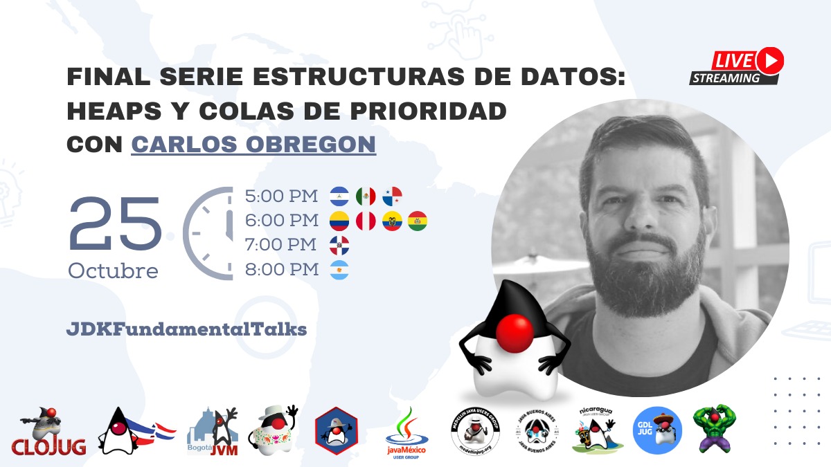 Cali Java User Group (@clojug) on Twitter photo Hola comunidad, invitación a la serie final de estructura de datos: Heaps y colas de prioridad con <a href="/gaijinco/">Carlos Obregón</a>
Octubre 25
6:00 PM Hora de Colombia
Registro:
eventbrite.com/e/heaps-y-cola… Hola comunidad, invitación a la serie final de estructura de datos: Heaps y colas de prioridad con <a href="/gaijinco/">Carlos Obregón</a>
Octubre 25
6:00 PM Hora de Colombia
Registro:
eventbrite.com/e/heaps-y-cola…