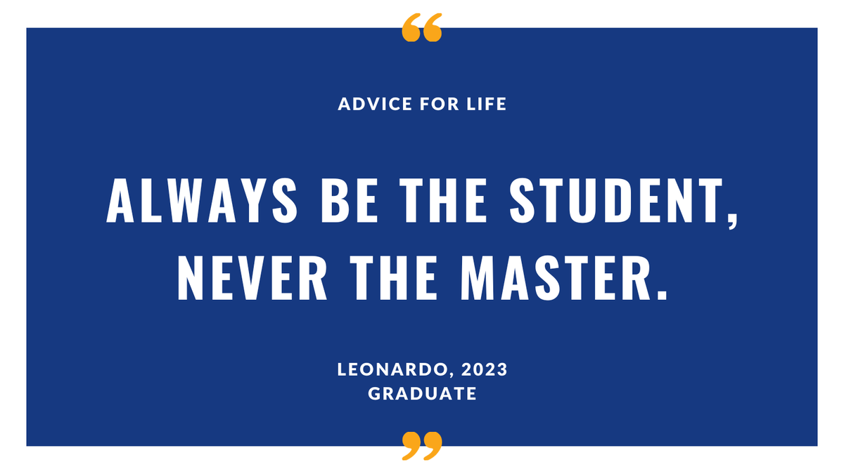 RealityChangers's tweet photo. It’s time for some #MondayMotivation. Today’s inspiration comes from Leonardo, a 2023 graduate. “Always be the student. Never the master.” Thanks for the reminder, Leonardo!
#firsgen #success #advice https://t.co/JWoIHT1w1g