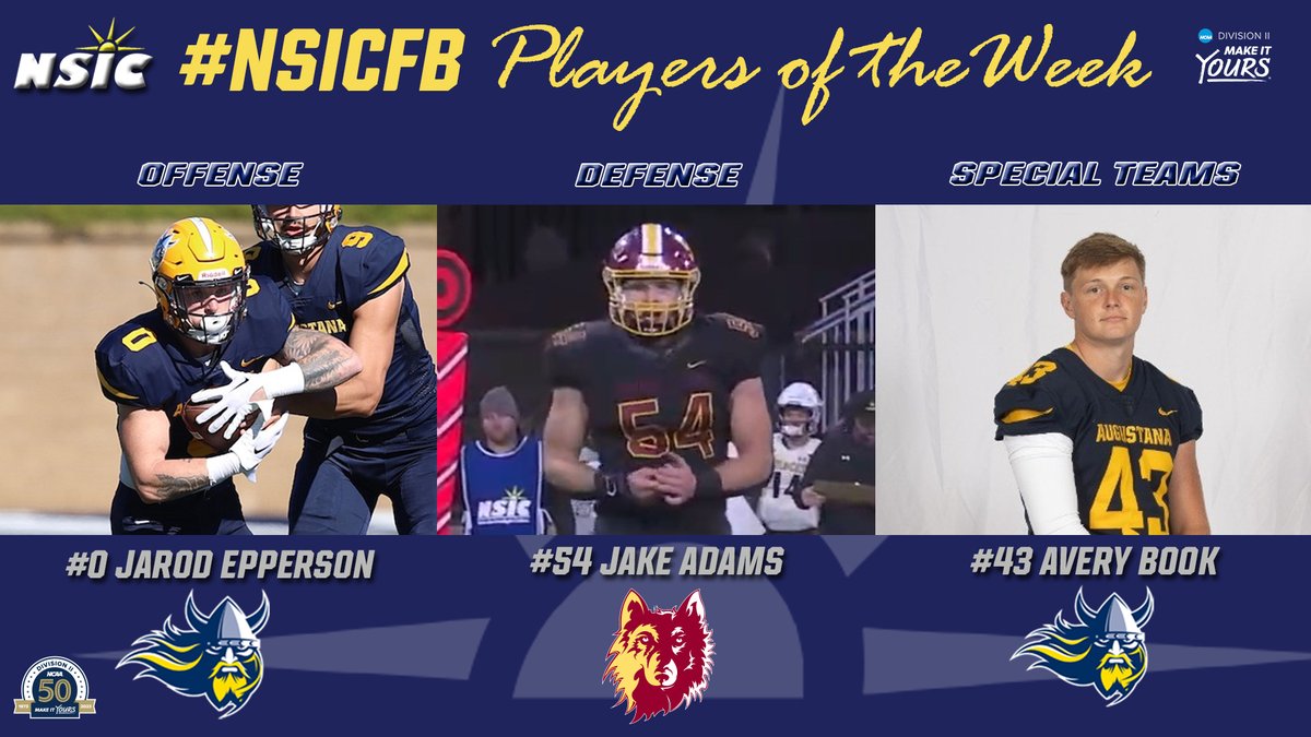 #NSICFB Release No. 8
#NSICPOW
O: #0 Jarod Epperson - Augustana
D: #54 Jake Adams - Northern State
SP: #43 Avery Book - Augustana

Full Release at: northernsun.org/news/2023/10/2…