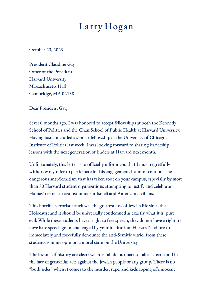 GovLarryHogan's tweet photo. This morning, I informed @Harvard that I must withdraw my offer to participate in fellowships this Fall. I cannot condone the dangerous anti-Semitism that has taken root on their campus. https://t.co/s60iqsJaaD