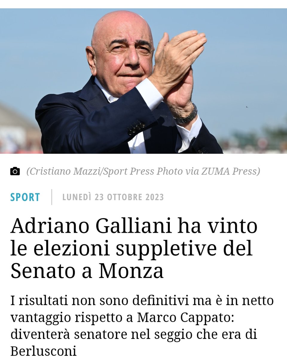La #notizia non credo sia tanto quella che #Galliani prenderà il posto di #Berlusconi in #Senato, quanto piuttosto che ha votato il 19,2% degli aventi diritto...
#dovestiamoandando?
Articolo da <a href="/ilpost/">Il Post</a> 👇🏽
ilpost.it/2023/10/23/adr…