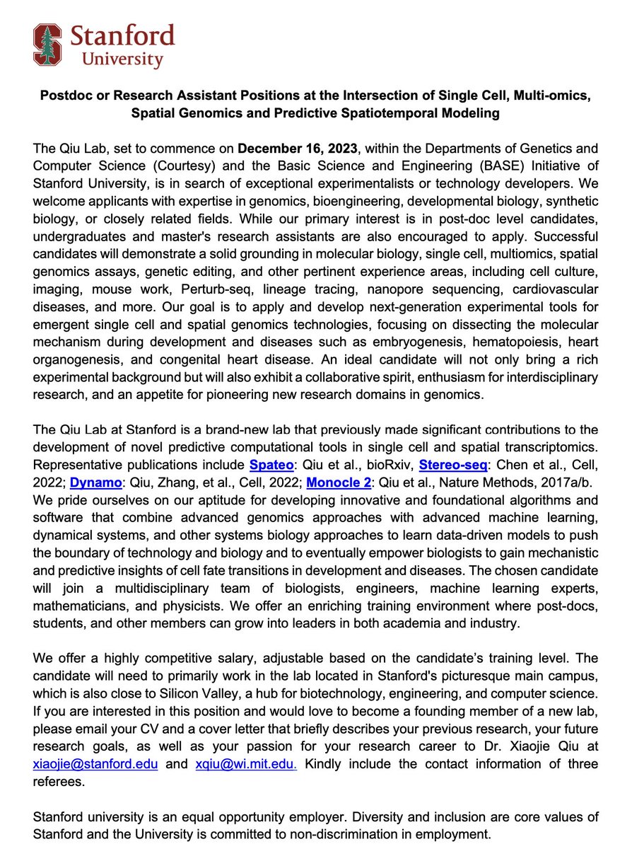 🔬My sc/spatial genomics lab (Launch at #Stanford on Dec. 16) is seeking experimental RAs &amp; post-docs in genomics &amp; dev bio. Come to work with me and a vibrant team of sys biologists, ML experts, etc. to push the boundaries of gene regulation of development &amp; disease. #HiringNow