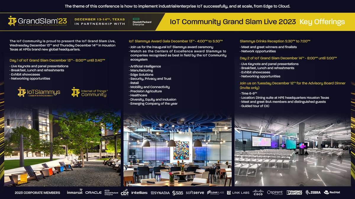 Just over one month to go before the IoT Grand Slam Live. December 13th & 14th from @HPE global HQ in Houston, Texas. To register your interest to attend, please click on the link below. iotslam.com/iot-grand-slam… #IoTCommunity #IoT #IoTSlam #Edge #IIoT