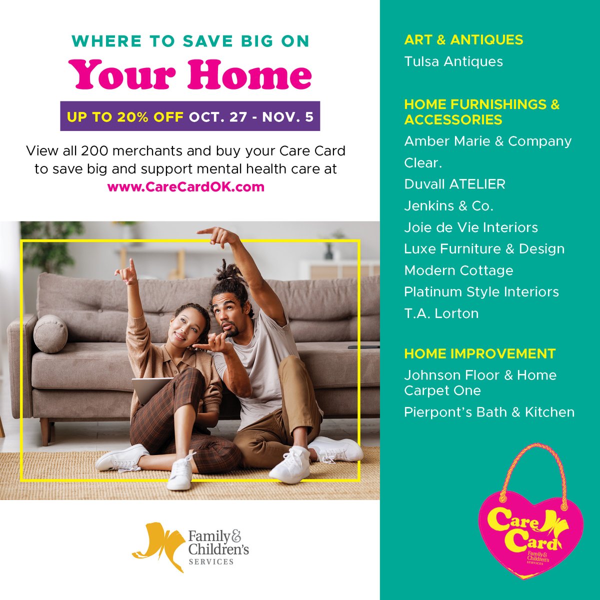 Chairing is caring! Check out these home furnishings and accessories, home improvement, and art and antiques merchants. To  view other merchants and buy your $60 <a href="/FCS_CareCard/">Care Card</a> to save up to 20% Oct. 27-Nov. 5, visit carecardok.com. #carecardok #fcsok #retail #shopping