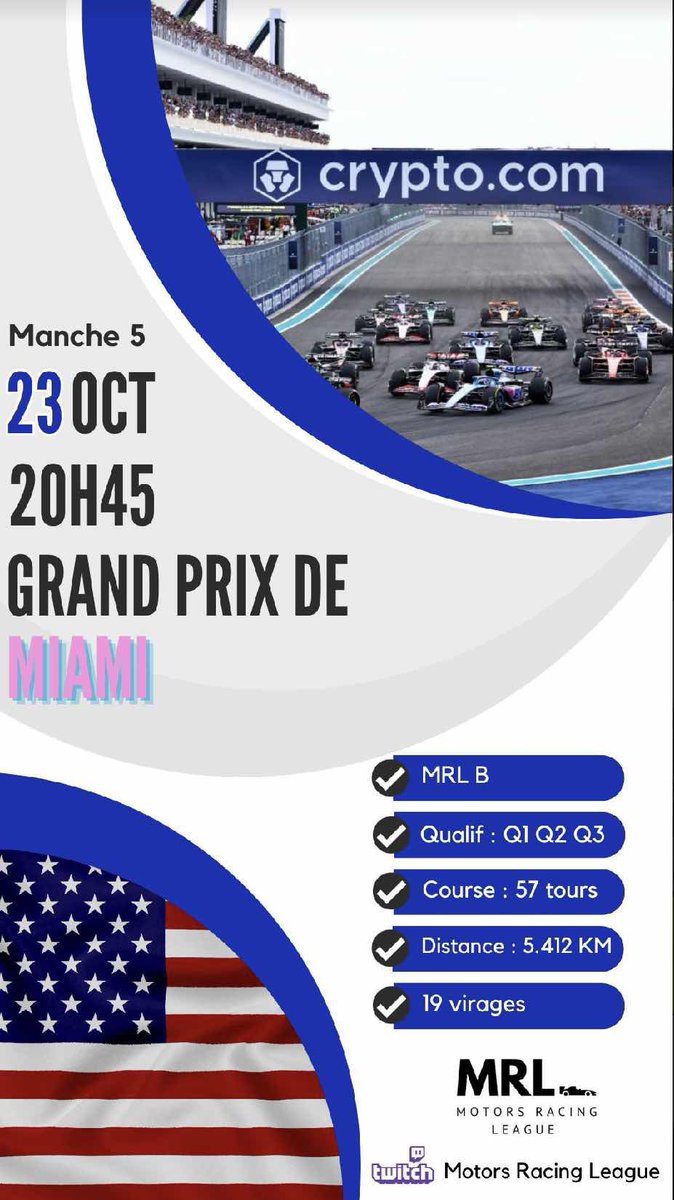 MRL_Off_'s tweet photo. 🇺🇸Grand-Prix de Miami 🇺🇲

🔵 MRL  B | Manche 5
🗓  Lundi 23 octobre 2023
⏰ 20h45
📍 Miami, États-Unis 
 
H-3 Avant le début du Grand-Prix 

📺 https://t.co/dFIWntyiYA https://t.co/7X9IYhAt5M