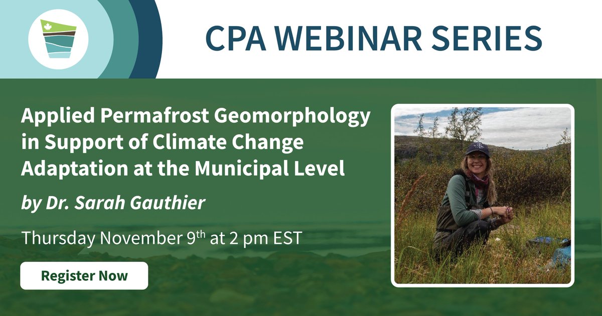 Join us November 9th at 2:00pm EST for a presentation by Dr. Sarah Gauthier on applied permafrost geomorphology in support of climate change adaptation at the municipal level. 
Register here: us06web.zoom.us/meeting/regist…