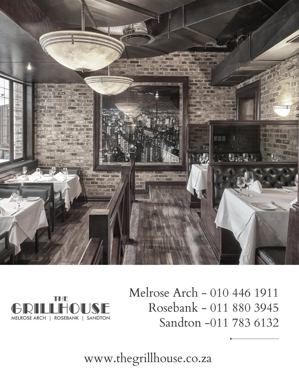Discover #Jozi's top steakhouse! 🥩 The Grillhouse Group - serving excellence since '94. Great food, fine wines, top-notch service, and a warm ambiance. Branches in 📍 Rosebank, Sandton &amp; Melrose Arch. #TheGrillhouse #joburgrestaurants #Foodie