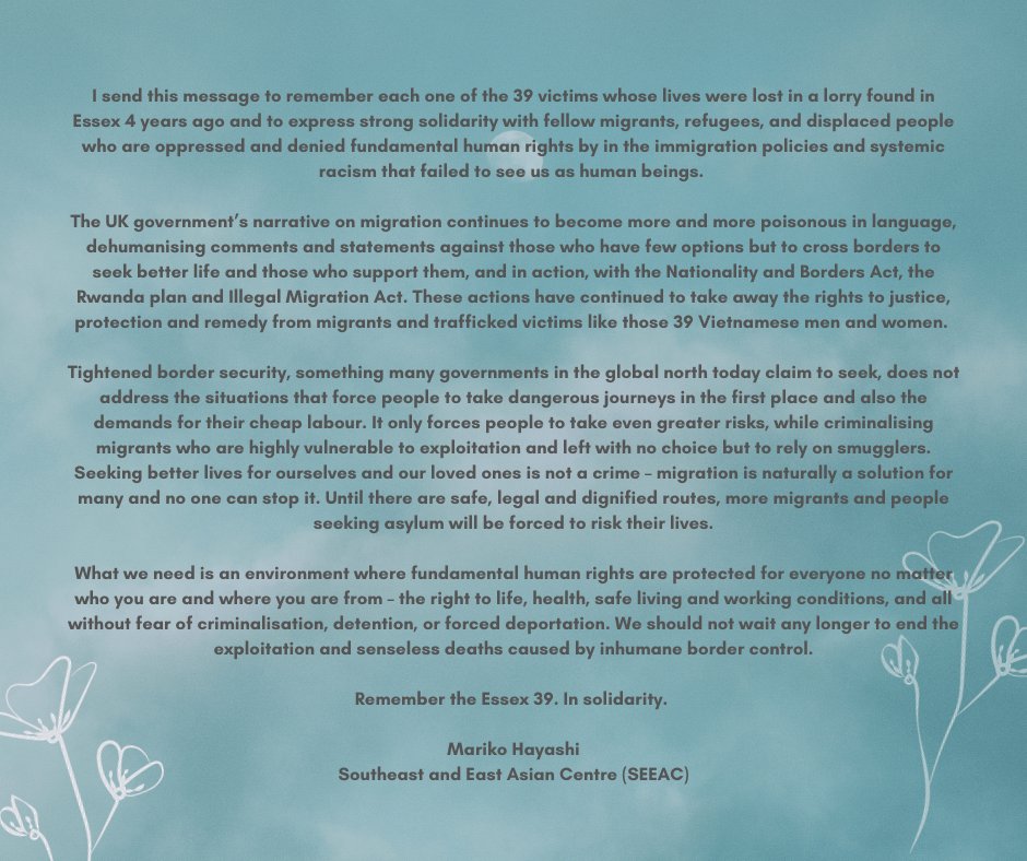 Today marks 4 years since the deaths of the #Essex39. My solidarity message sent to a vigil held in London yesterday🕯️Don't let borders take away lives. We should not wait any longer to end the exploitation and senseless deaths caused by inhumane border control.