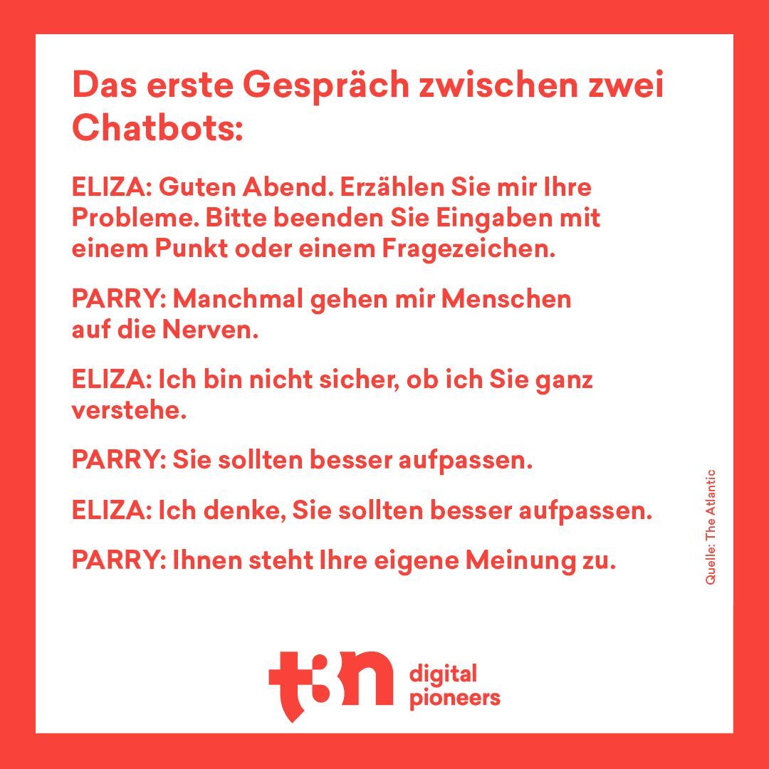 t3n's tweet photo. Joseph Weizenbaum hat Eliza 1966 entwickelt, damit sie eine Psychiaterin imitiert. Fünf Jahre später entwickelte der Psychiater Kenneth Colby einen Chatbot namens Parry. Parry imitierte einen Patienten mit Schizophrenie. Im Jahr 1972 trafen die Chatbots aufeinander. 😬 https://t.co/g6lPq1eV3N