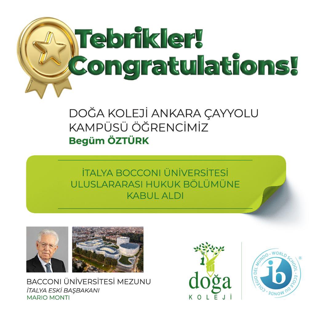 Yurtdışı okullarından kabul alarak büyük bir azimle kariyer hedeflerine ulaşan öğrencilerimizi tebrik eder, başarılarının devamını dileriz. Onlarla gurur duyuyoruz 👏🏻👏🏻👏🏻 @DogaOkullari @Azrafraarzu1 @ilkay04cakir @cavidanvarl