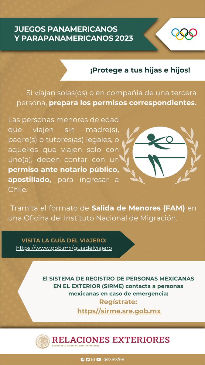 EmbaMexChi's tweet photo. 👩👦 ¡Protege a tus hijas e hijos en los Juegos Panamericanos y Parapanamericanos #Santiago2023! Revisa esta información si viajan solas(os) o junto a una tercera persona.
#ProtecciónConsular #ProtecciónPreventiva #EmbajadaDeMéxico #ViajaResponsable #CulturaDeViajesResponsables https://t.co/hCYP9zRRkc