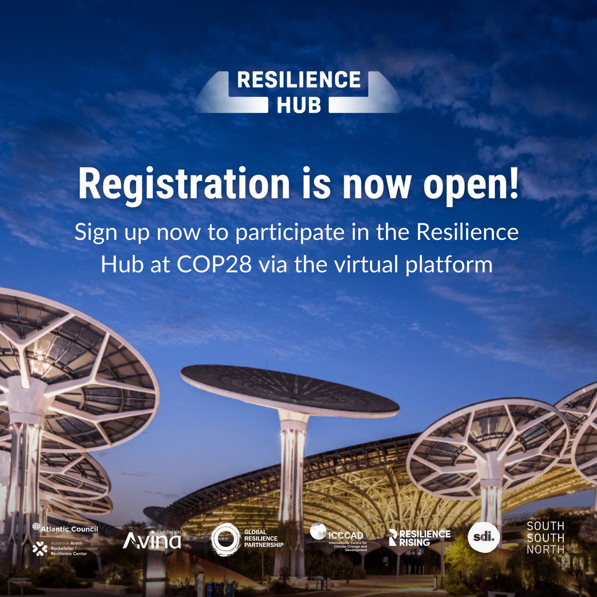 Registration is now open for the COP28 Resilience Hub virtual platform!🎉🥁 ⚡️Join online or in-person to access sessions and connect with fellow attendees. Follow @copreshub for updates and sign up here ⬇️ shorturl.at/kAMUX #ResilienceHub #COP28