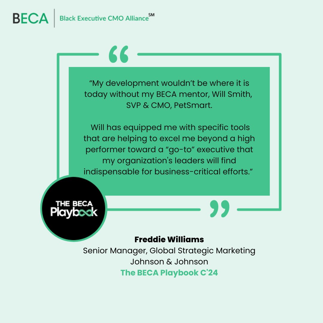 TheOfficialBECA's tweet photo. BECA Future Leader Freddie Williams and Founder Jerri DeVard share their perspectives on how The BECA Playbook is advancing Black marketers into the C-Suite. Click the link in the comment section to read the article!
#FreddieWilliams #BECAstrong #Afrotech #BlackExcellence https://t.co/MiNlnAI4t5