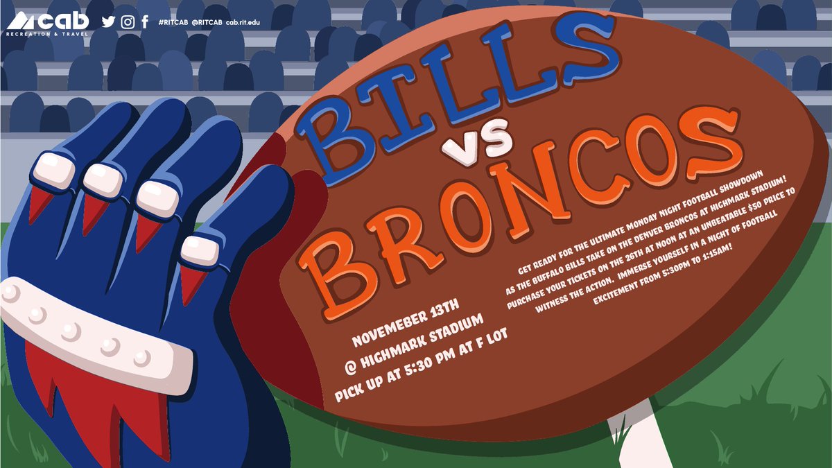 ritcab's tweet photo. Whooooo's ready for a football showdown between the Bills and Broncos? We know we are! Join us and get your tickets for $50 on campus groups, sign ups open on October 26th at 12pm 🏈 Don't miss out on the action! 🏆💯 https://t.co/mYH0V9j5dY