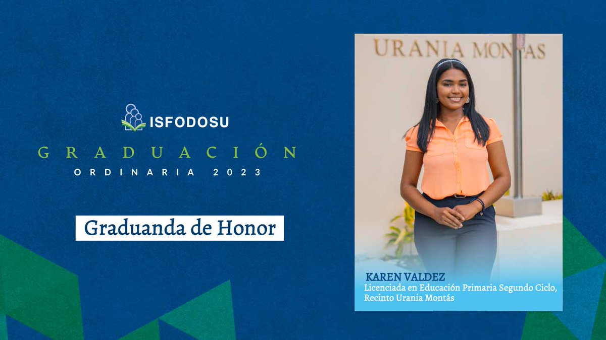 Isfodosurdo's tweet photo. Karen Valdez Mora es nuestra graduanda Suma cum laude del recinto en San Juan de la Maguana, Urania Montás, quien mañana se convertirá en licenciada en Educación Primaria Segundo Ciclo, en nuestra #GraduaciónOrdinaria2023.
Karen Valdez Mora es #OrgulloISFODOSU
Amplía esta motivadora historia en https://t.co/NZjpnjUek7
#CosechaISFODOSU
#FormamosMaestrosDelSXXI
#ISFODOSU #EspecialistasEnEducación