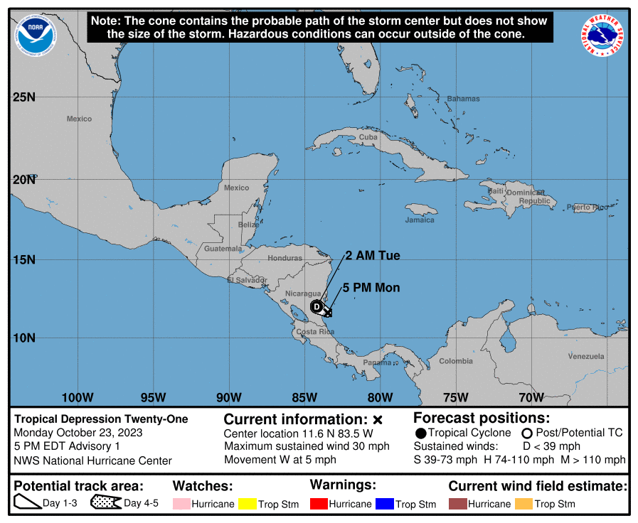 CamiloCalero2's tweet photo. Se forma Depresión Tropical 21 informó el @NHC_Atlantic en las próximas horas estaría ingresando a territorio Nicaragüense.

Nicaragua decreto Alerta Amarilla en el Caribe. Este fenómeno podría dejar fuerte precipitaciones en Centroamérica según boletín del NHC. @VivaNicaragua13 https://t.co/jlSxrVCnJS