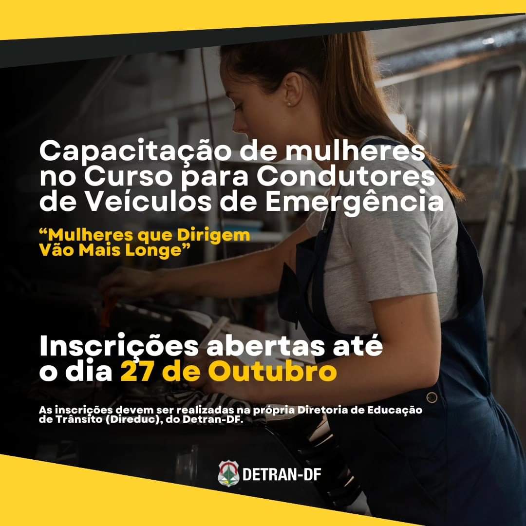 raynierevictor1's tweet image. ⚠️ O #DetranDF está com inscrições abertas até o dia 27 de outubro, para 20 vagas para capacitação de mulheres no Curso para Condutores de Veículos de Emergência.
👉 As aulas são gratuitas e acontecerão no período vespertino, de 30 de outubro a 14 de novembro, de segunda a sexta