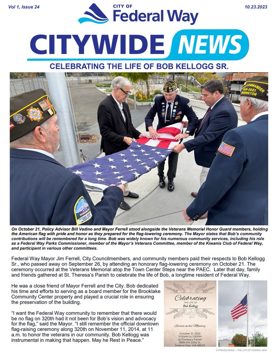 The top story in today's Citywide News is about the flag-lowering ceremony at the Veterans Memorial held over the weekend to honor Bob Kellogg Sr. Plus, we recap the #federalway Farmers Market co-founders receiving my Mayor's key to the City. Click here: tinyurl.com/vpxt8rm4