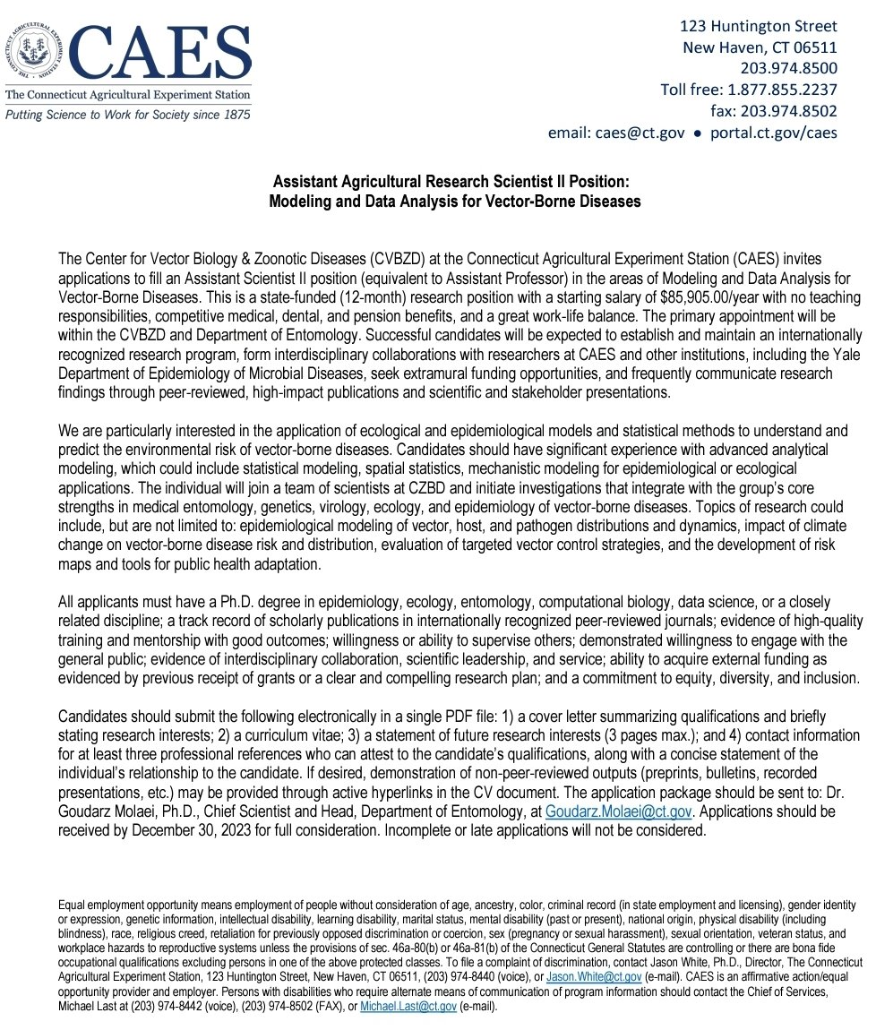 Assistant Professor level position in Modeling and Data Analysis for Vector-Borne Diseases open at The Connecticut Agricultural Experiment Station here in New Haven! Please share! <a href="/FuturePI_Slack/">Future PI Slack</a>