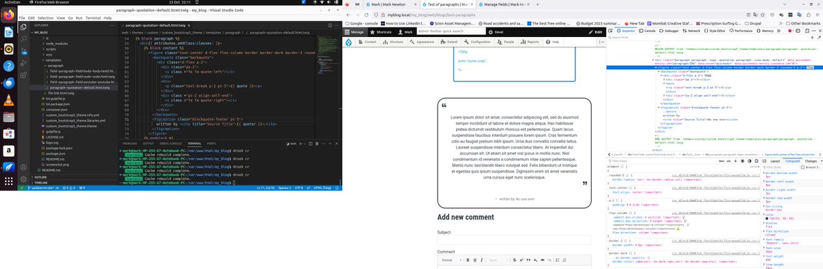 DrupalMark's tweet image. So tonight, after working all day with Wordpress, I got to play with Drupal again.  Beginning to remember why I liked drupal so much.  The theme system (twig and twig debug) does make theming a LOT easier in my opinion, instead of searching the ID&apos;s of elements.  @drupal