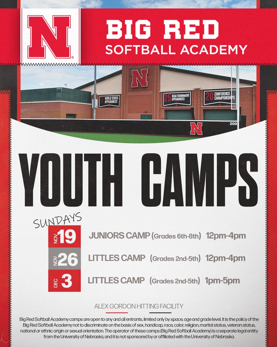 🚨 Youth Camps are back by popular demand! 🚨

Juniors (6th-8th grade) &amp; Littles (2nd-5th grade)

🗓️: Nov. 19, Nov. 26, and/or Dec. 3

Register now! | go.unl.edu/ah9j