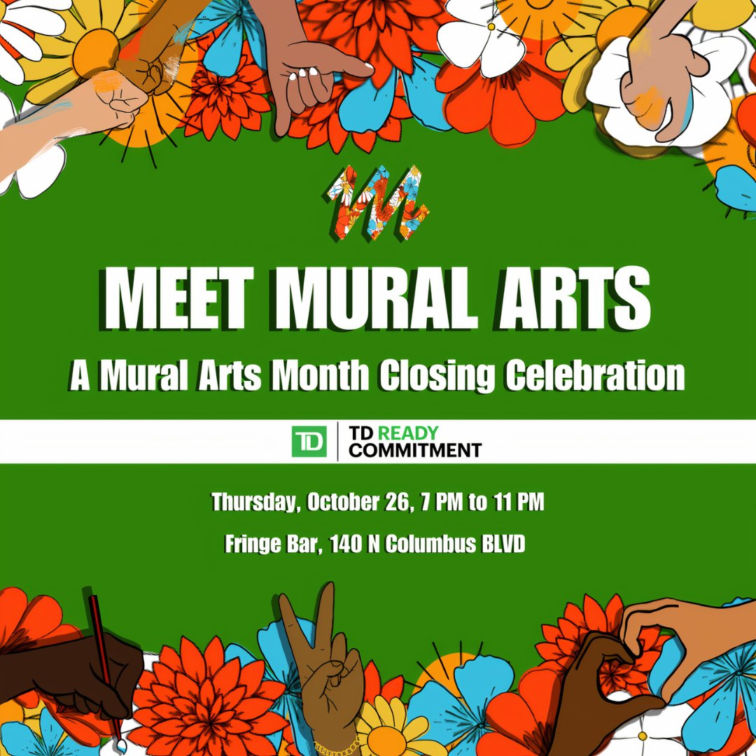 Join us for Meet Mural Arts: A Mural Arts Month Closing Celebration at @FringeArts on Thursday, October 26, from 7 PM to 11 PM! Mingle with the Mural Arts crew, enjoy complimentary beer and wine while supplies last, and groove to sounds by Brotha Taaj! bit.ly/3SdRoaK