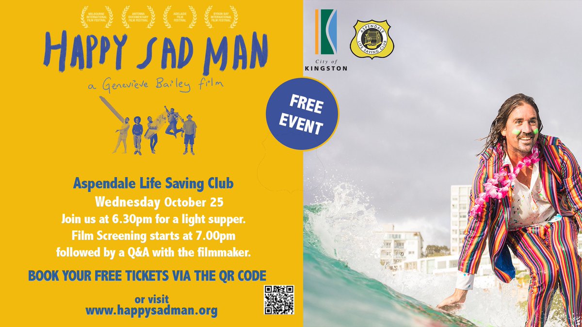 Do you know anyone around the Aspendale area in VIC? We will be there October 25, free tickets can be booked now. HAPPY SAD MAN screening + Q&amp;A. #Aspendale #happysadman