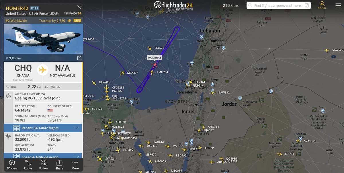 no_itsmyturn's tweet image. #USAF 🇺🇸 Rivet Joint #COMINT #ELINT bird tracking over eastern Mediterranean 

AE01C4 | 64-14842 | HOMER42