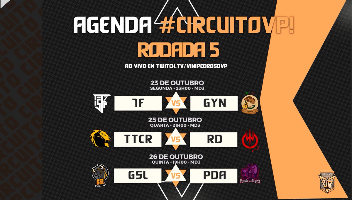 O #CircuitoVP volta com tudo nessa semana com as transmissões! Três jogos em Md3!

Quem vencer se classifica, quem perder, ta fora!

E Hoje as 23h (sim, vc leu certo), tem <a href="/seventhfrost7/">Seventh Frost</a> x <a href="/EGoianinhos/">Goianinhos E-sports</a> ! Confronto 2-2 valendo vida ou morte!