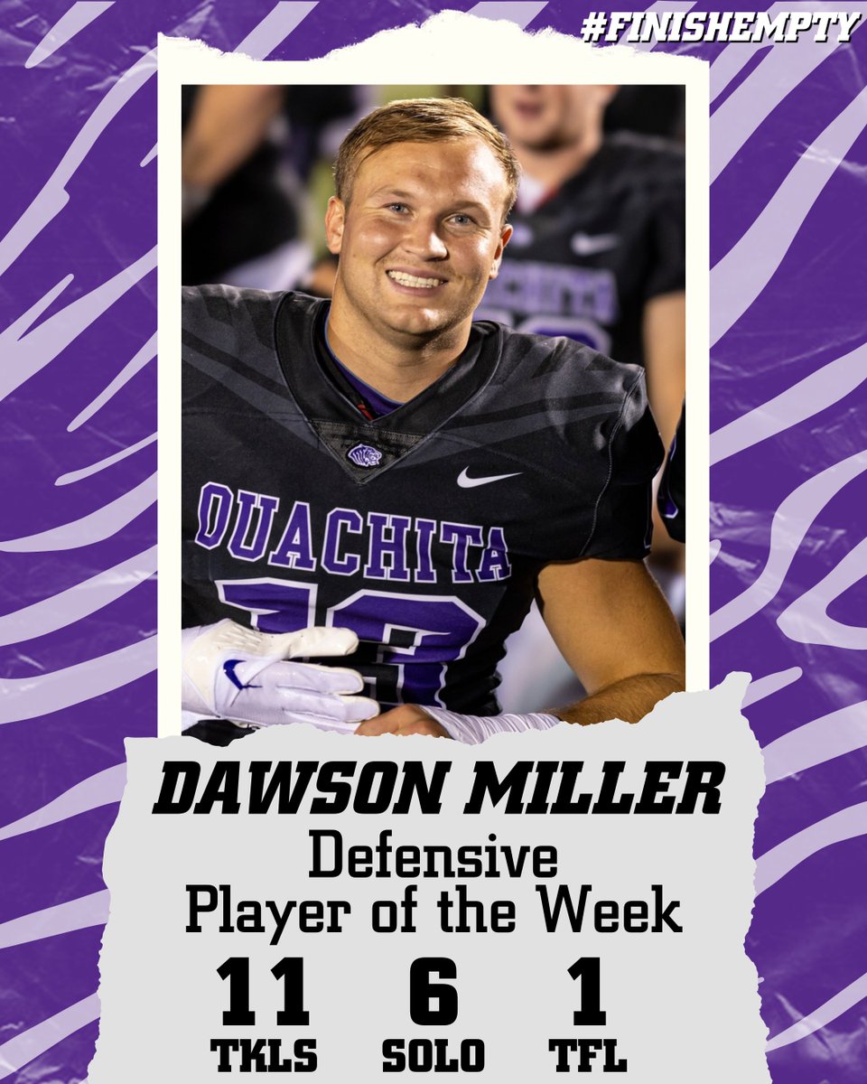 OuachitaFB's tweet photo. Ouachita Defensive Player of the Week - Week 8

Dawson Miller - LB - Heath, Texas

#FINISHEMPTY https://t.co/6CUDfPZsNx