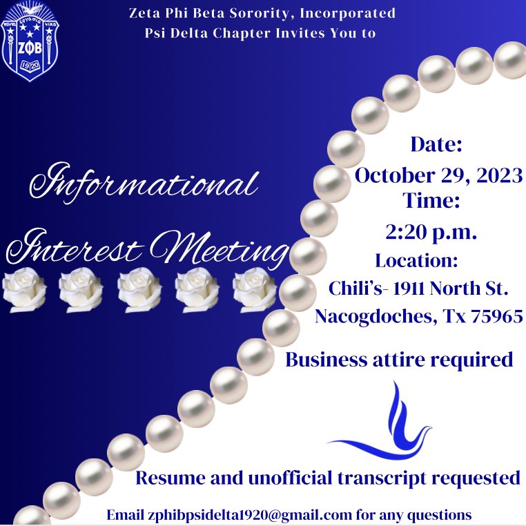 SFA_ZETAS's tweet photo. Psi Delta Chapter of Zeta Phi Beta Sorority, Incorporated is having an Informational Interest Meeting. We will be at Chili’s at 2:20 pm on October 29th. This is an amaZing way for you to learn more about us. As well as us learning about you. https://t.co/WLzSMex4ZB