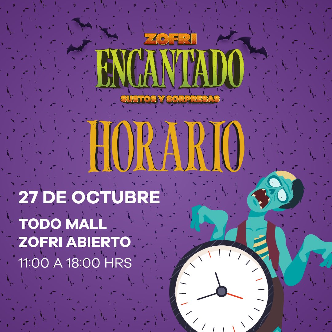 MallZofri's tweet photo. Este feriado Viernes 27 de octubre #MallZofri abrirá todas sus etapas para que disfrutes de un día de compras y diversión familiar de 11:00 a 18:00 hrs. ¡No te pierdas la oportunidad de encontrar los mejores descuentos y sorpresas terroríficos https://t.co/LZN8AYcUyO