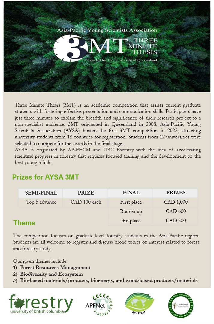 afrc_ubc's tweet image. Join Us for the AYSA Three Minute Thesis Competition: An Exciting Opportunity to Showcase Your Research!
Deadline for registration and submission: Nov 10, 2023
Registration:
ubc.ca1.qualtrics.com/jfe/form/SV_e4…
Submission: apfecm.forestry@ubc.ca
Find information at
apfecm.forestry.ubc.ca/news-events/3m…