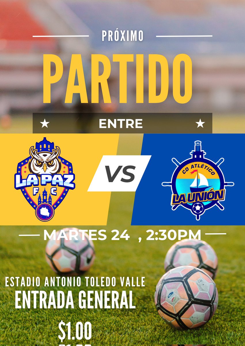 Mañana martes 24 de Octubre nos enfrentamos a C.D Atlético La Unión en el Estadio Antonio Toledo Valle.🏟
Hora: 2:30 pm 🕐
Entrada General $1.00 👨‍👩‍👦
TE ESPERAMOS. ⚽️⚽️⚽️⚽️
<a href="/liganacional_/">Liga Nacional de Fútbol</a>  <a href="/ybukele/">Yamil Bukele</a>
