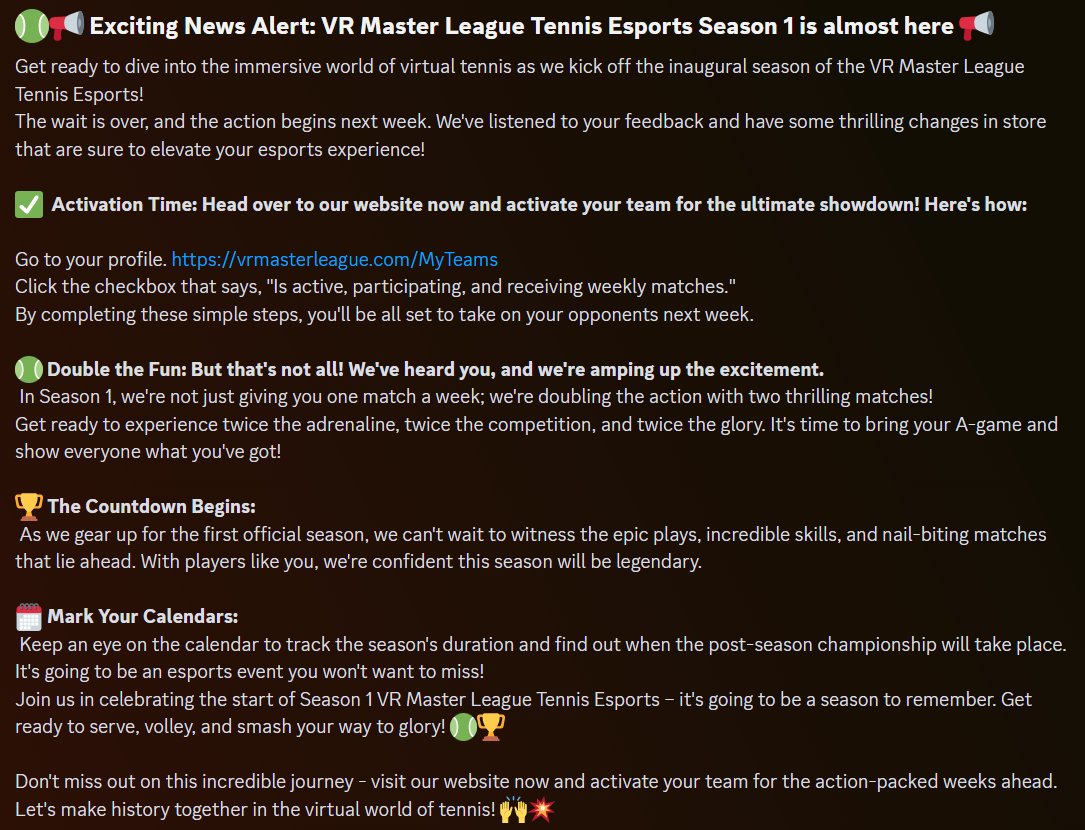 VR Master League's Tennis Esports Season 1 is starting next week, Are you a VR enthusiast and or a Tennis enthusiast? this will be the place for you to compete! 
vrmasterleague.com/TennisEsports/… <a href="/VRMasterLeague/">VR Master League ᯅ</a>