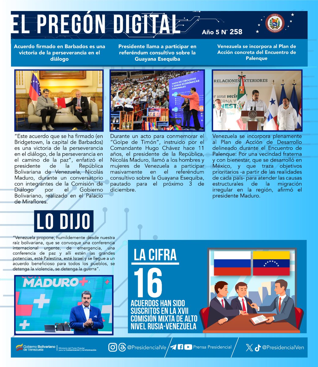 PresidencialVen's tweet photo. #Actualidad 📰 | Jefe de Estado venezolano @NicolasMaduro  convocó a todo el pueblo a participar masivamente en el referéndum consultivo sobre la Guayana Esequiba. Conoce más en nuestro resumen digital ⬇️ https://t.co/joPtstFG2w