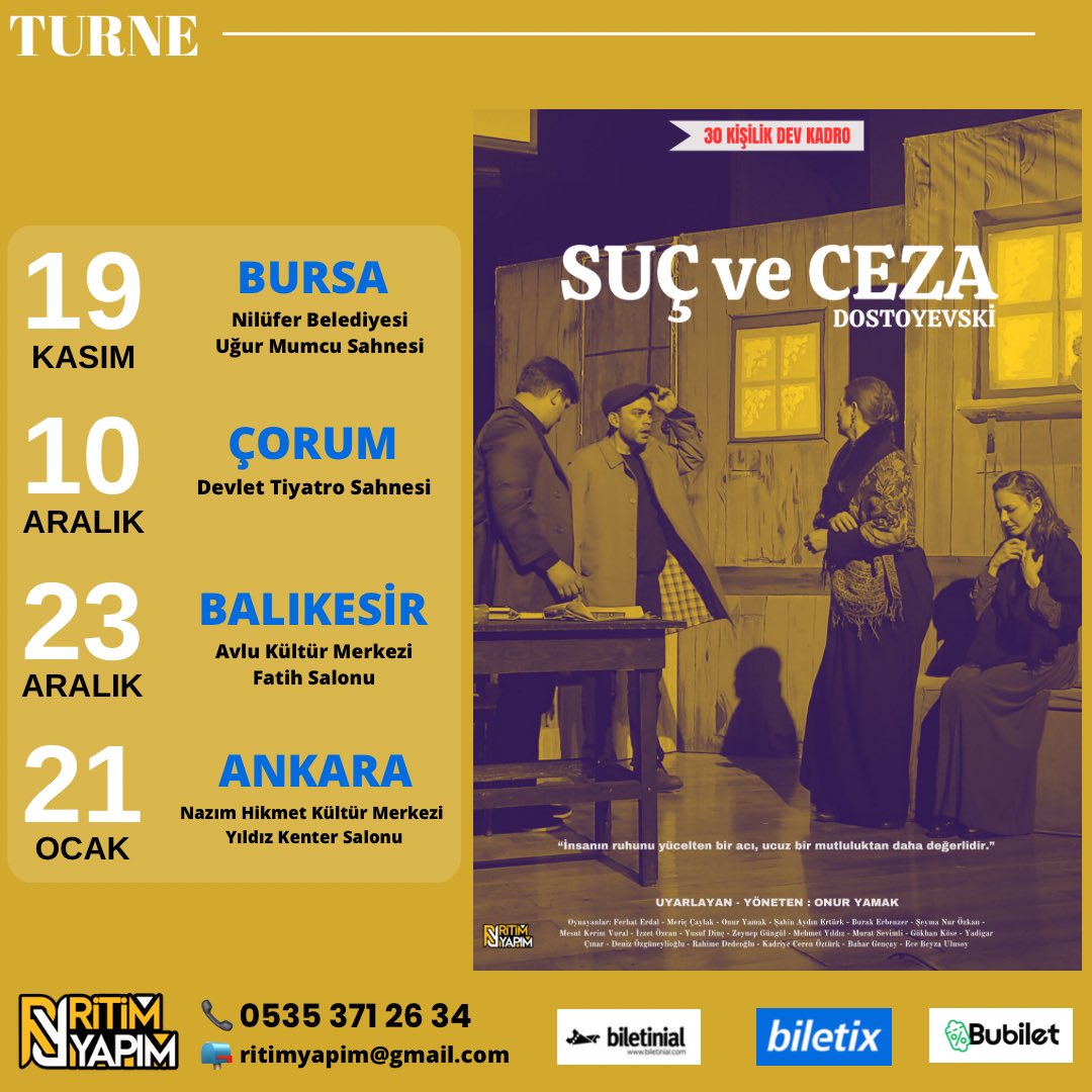 Tüm gösterimleri kapalı gişe sahnelenen, Dostoyevski’nin ünlü eserinden uyarlanan “Suç ve Ceza” 30 kişilik dev kadrosuyla şehrine geliyor!

Biletler: 👉🏼 biletinial.com/tr-tr/tiyatro/…

#bursa #ankara #balıkesir #çorum #tiyatro #suçveceza