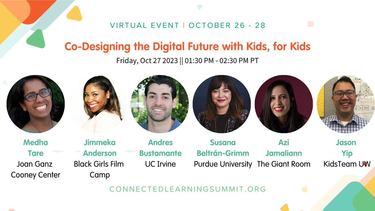 CooneyCenter's tweet image. Please RSVP to join us at the #CLSummit2023 Fri 10/27 at 12:30pm PT/430pm ET. Medha Tare @jimmekaanderson @bustamante_as @DrBeltranGrimm @azadehjamalian @jasoncyip will share projects &amp;amp; discuss methodologies for co-designing tech with kids &amp;amp; families. 

bit.ly/3SbI4En