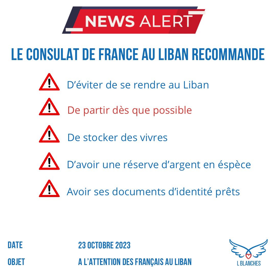 lblanchesfrance's tweet photo. L’@AmbaFranceLiban #recommande : 

- d’éviter de se rendre au #Liban
- de #partir dès que possible 
- de stocker des vivres 
- d’avoir une réserve d’argent en espèce 
- avoir ses documents d'identité prêts

#alert #urgence #crise https://t.co/4s3PZPpRJl