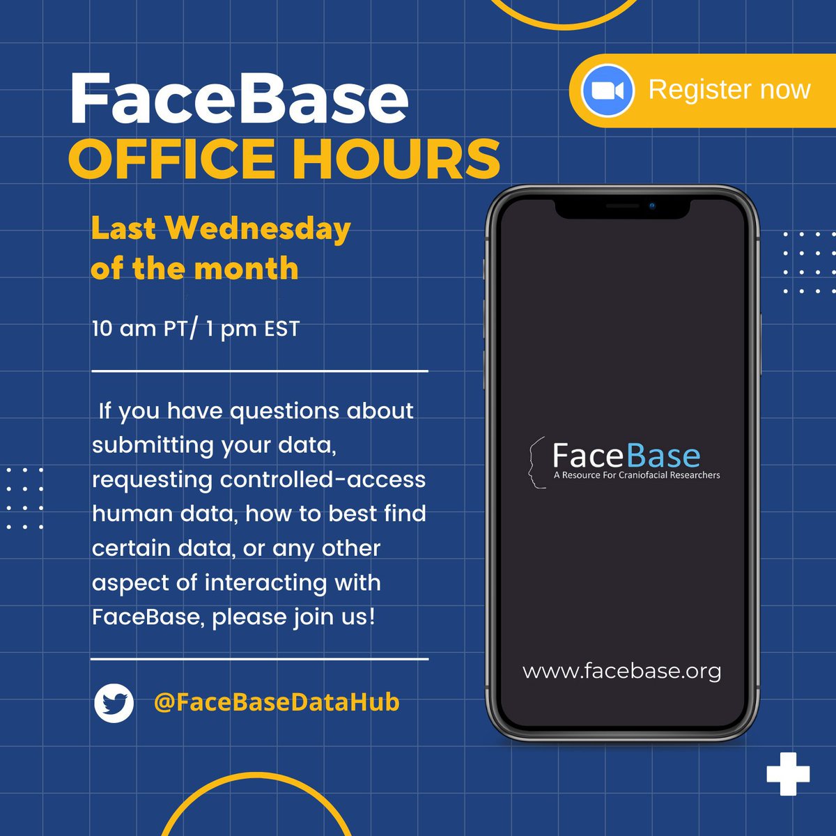 📢 Need help with your Data Management Sharing (DMS) plan for FaceBase? Have questions about contributing data or navigating our website? 

Join us for FaceBase Office Hours! 🤝

🗓️ Wed, Oct 25
🕐 1:00 pm EDT / 10:00 am PDT
🔗 Register here via Zoom: usc.zoom.us/meeting/regist…